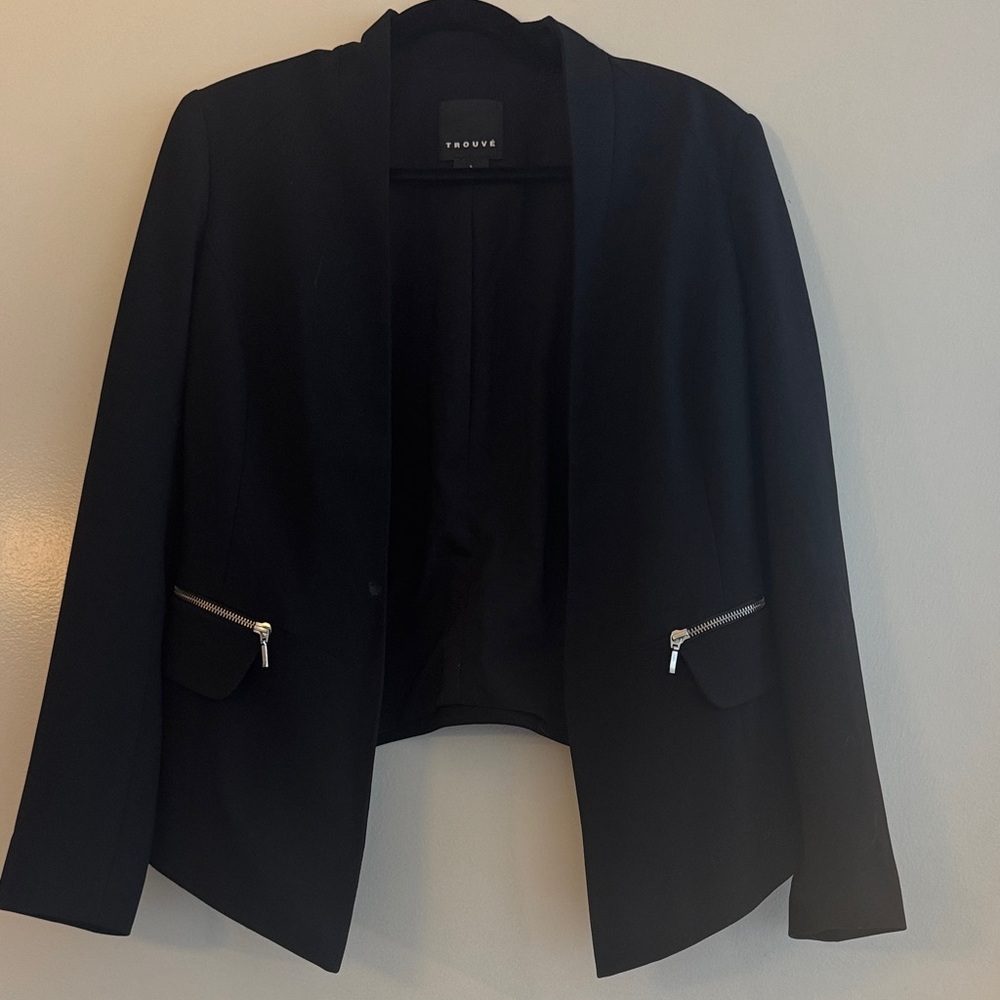 Trouvé Black Open-Front Blazer with Silver Zip Accents